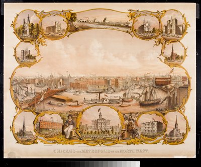 Lithograph of Chicago featuring landmark buildings, 1864 by Louis Kurtz